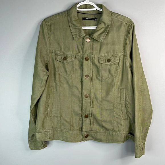 TAHARI Olive Green Lyocell Utility Jacket Button Snap Closure Lightweight Size L - Picture 14 of 14
